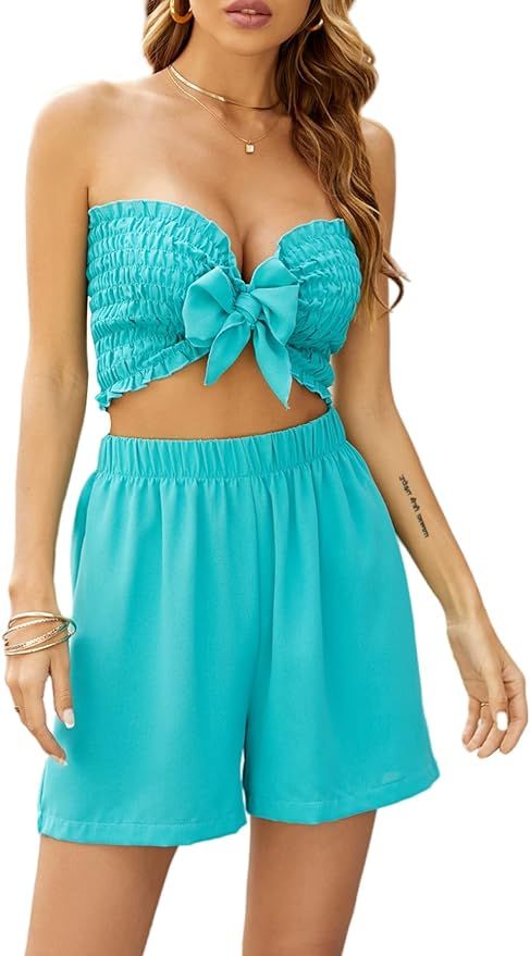 LYANER Women's 2 Piece Outfits Knot Front Shirred Bandeau Crop Top with Shorts Sets | Amazon (US)