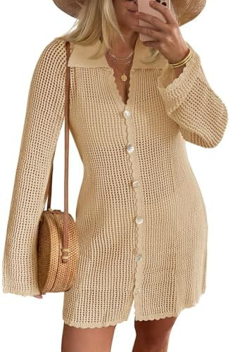 Saodimallsu Womens Crochet Swimsuit Coverup Button Down Long Sleeve Cardigan Mini Dress Beach Cov... | Amazon (US)