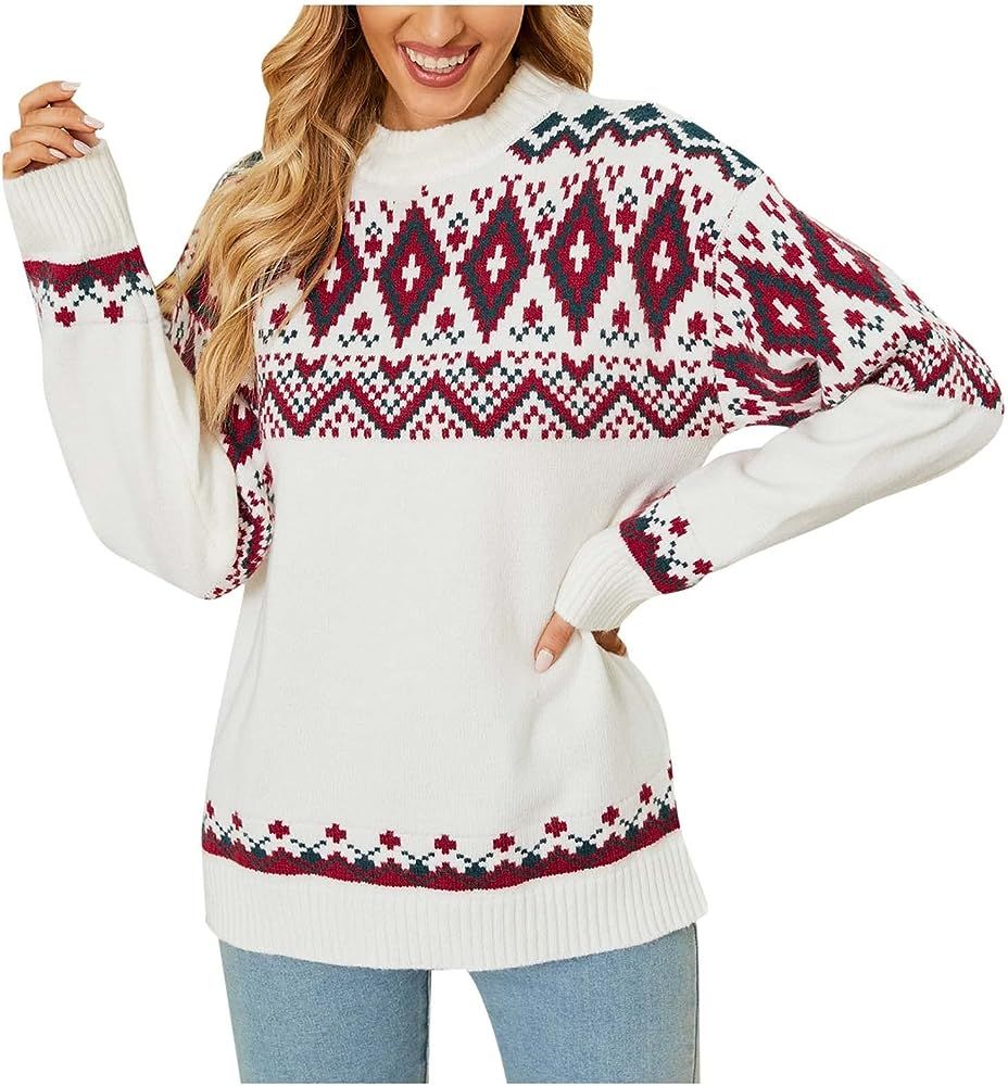 Women's Christmas Knitted Sweater Tops Classic Reindeer Patterns Ugly Sweaters Holiday Long Sleev... | Amazon (US)