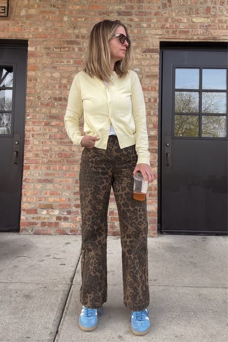 Leopard pants with yellow cardigan. Adidas shoes Spring fashion. Spring trends

#LTKSeasonal #LTKshoecrush #LTKover40