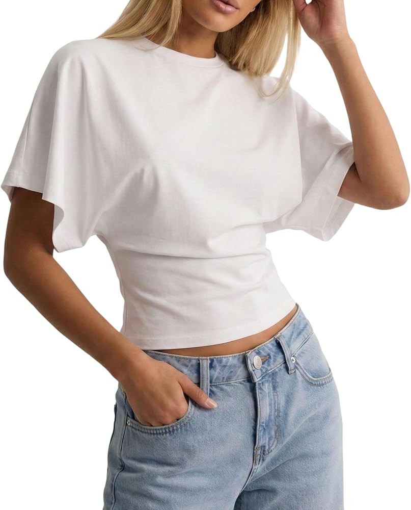 Dolman Sleeve T Shirts for Women | Crewneck - Cinched Waist T-Shirt Batwing Short Sleeve Loose To... | Amazon (US)
