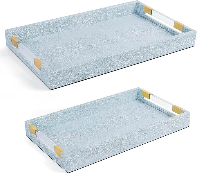 2 Pack Large Ottoman Tray Shagreen Decorative Tray Serving Tray with Acrylic Gold Handles, Ice Bl... | Amazon (US)