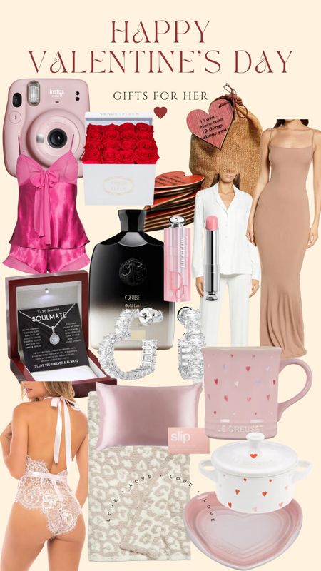 Valentine’s day gift guide for her 2023. Happy Valentine’s day! Polaroid film camera. Silk pajama set. Skims pajamas. Skims body con nude dress. Nordstroms lingerie. Dior lip. Silk slip pillow case. Silver diamond heart earrings. Oribe gold lust hair oil. Barefoot dreams throw blanket. Venus Fleur red roses. Diamond necklace. I love more than 10 things about you customized hearts. Le creuset valentine’s day set. 

#LTKGiftGuide #LTKFind #LTKSeasonal