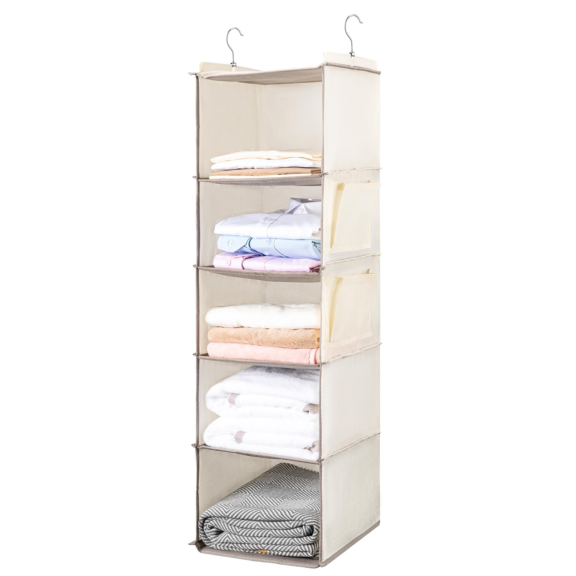 BOOMIBOO Hanging Closet Organize and Shelves，5-Hanging Shelf with 2 Side Pockets，Storage Fold... | Amazon (US)