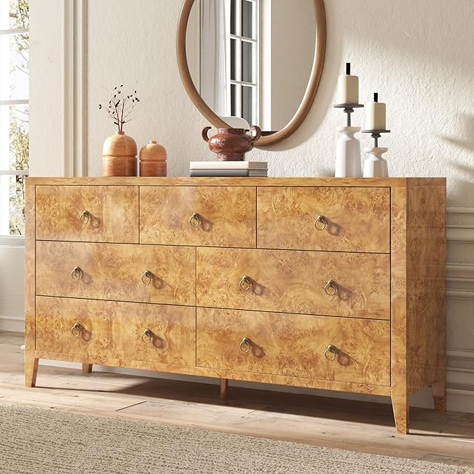 AMERLIFE Mid-Century Modern 7-Drawer Dresser, High Gloss Burl Wood Chest of Drawers, 61'' Wide An... | Amazon (US)