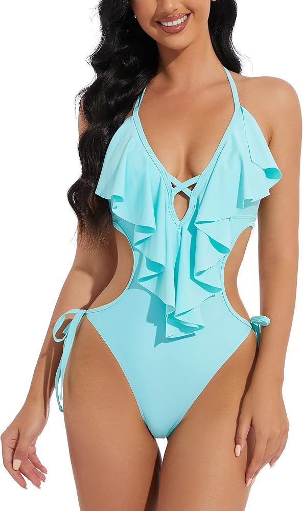 Women's Flounce Cutout One Piece Swimsuit Sexy Monokini Bathing Suit | Amazon (US)
