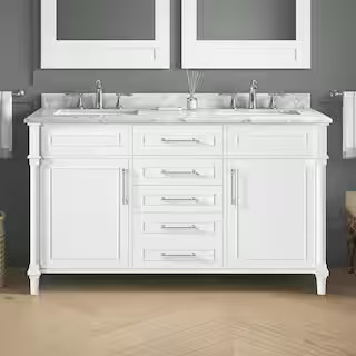 Home Decorators Collection Aberdeen 60 in. Double Sink Freestanding White Bath Vanity with Carrar... | The Home Depot
