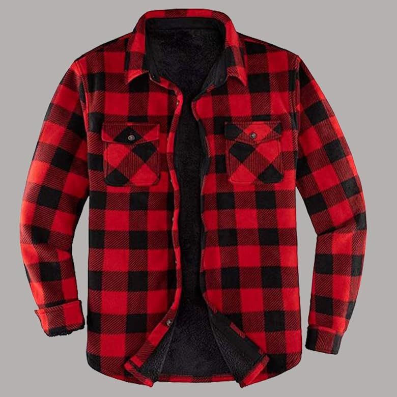 Mens Sherpa Lined Warm Fleece Plaid Flannel Shirt Button Up Jacket(Sherpa Fleece Throughout) Red ... | Amazon (US)
