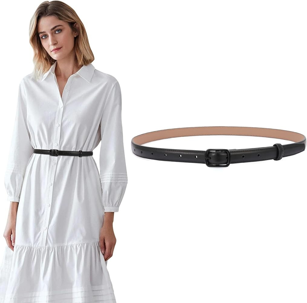 SUOSDEY Women Leather Thin Belt for Dress Jeans Skinny Waist Belt for Women Ladies | Amazon (US)