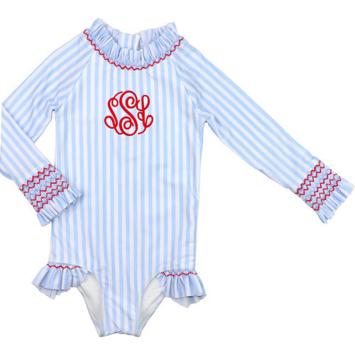 Red And Blue Striped Smocked Lycra Swimsuit | Cecil and Lou