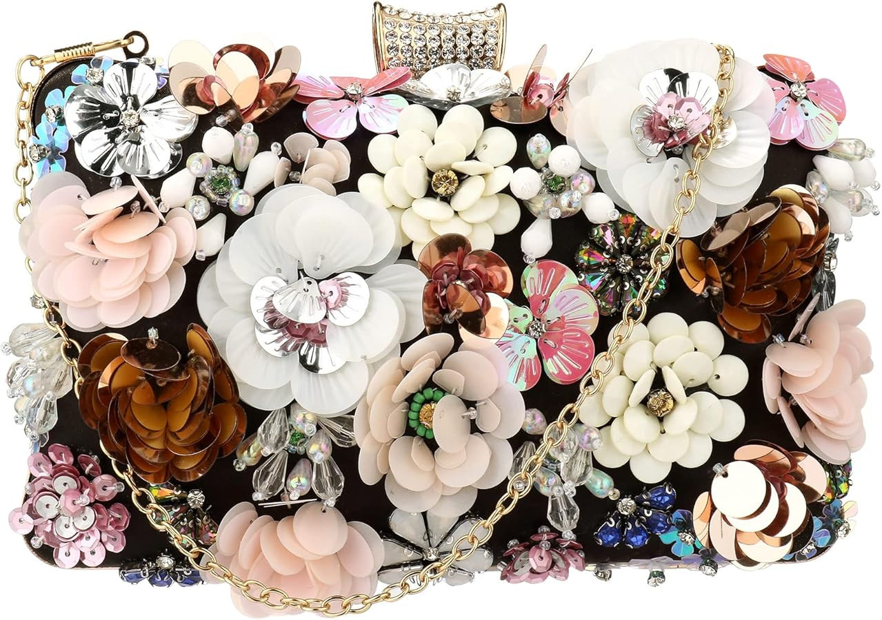 Women's Floral Evening Clutch Bag - Colorful Flower Handbag with Metal Rhinestones | Amazon (US)