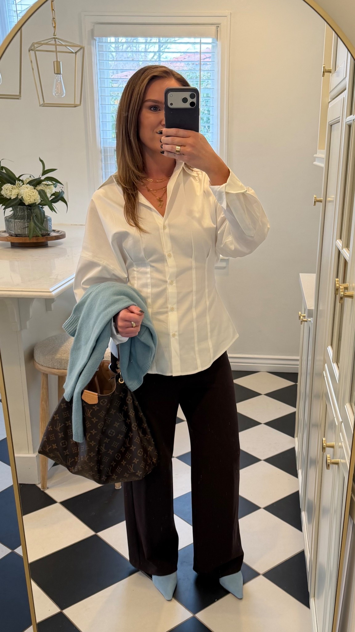 Living for the brown and icy blue combo. Perfect women’s work outfit all from Reformation with Sam Edelman kitten heels. Reformation offers regular and petite sizes! 
#OOTD #BusinessCasual #CorporateStyle #WorkWear #WorkBag #WorkOutfit #OfficeOutfit #OfficeStyle #Reformation #WhiteButtonUp #BrownWorkPants #WorkPants #SamEdelman #KittenHeels #LouisVuitton #SamEdelman #OutfitInspo #OutfitIdeas #BrownandIcyBlue #IcyBlue

#LTKPetite #LTKootd #LTKWorkwear