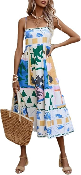 Chvity Women Sleeveless Backless Maxi Dress Graphic Printing Beach Dress Adjustable Spaghetti Flo... | Amazon (US)