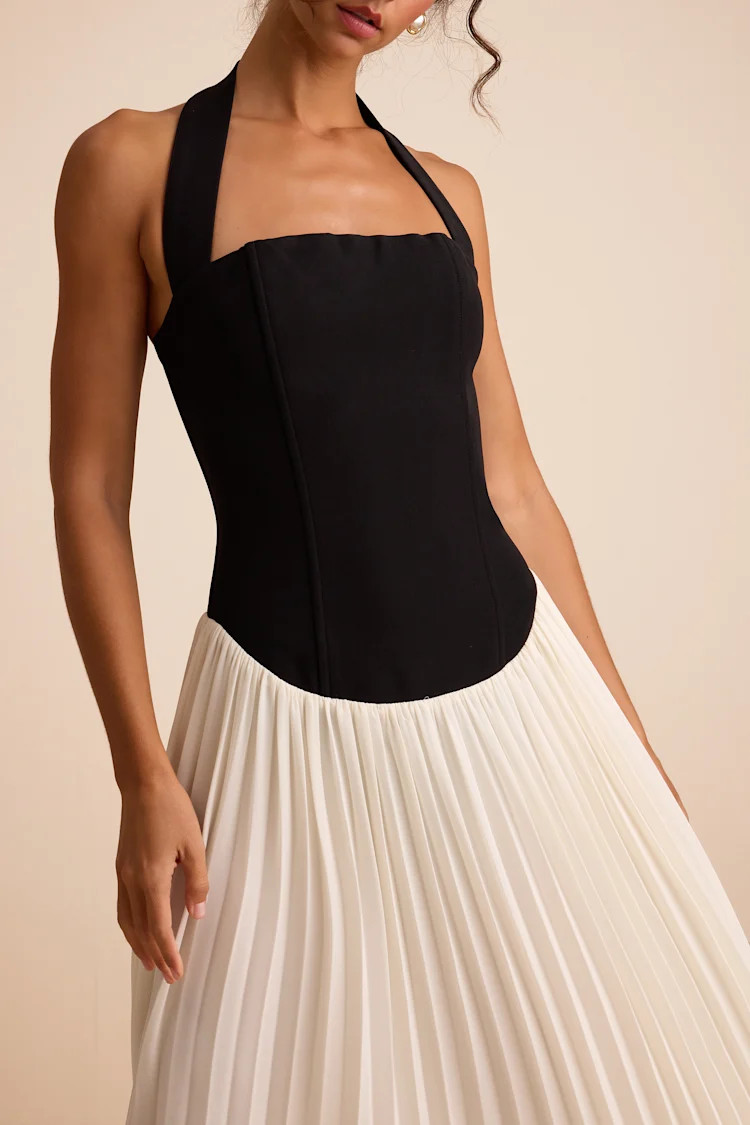 Suri Black and Ivory Mixed Media Halter Maxi Dress | Lulus