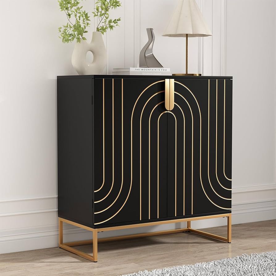 HLR Accent Wood Grain Cabinet with 2 Doors, Storage Cabinet Sideboard with Gold Metal Legs for Li... | Amazon (US)