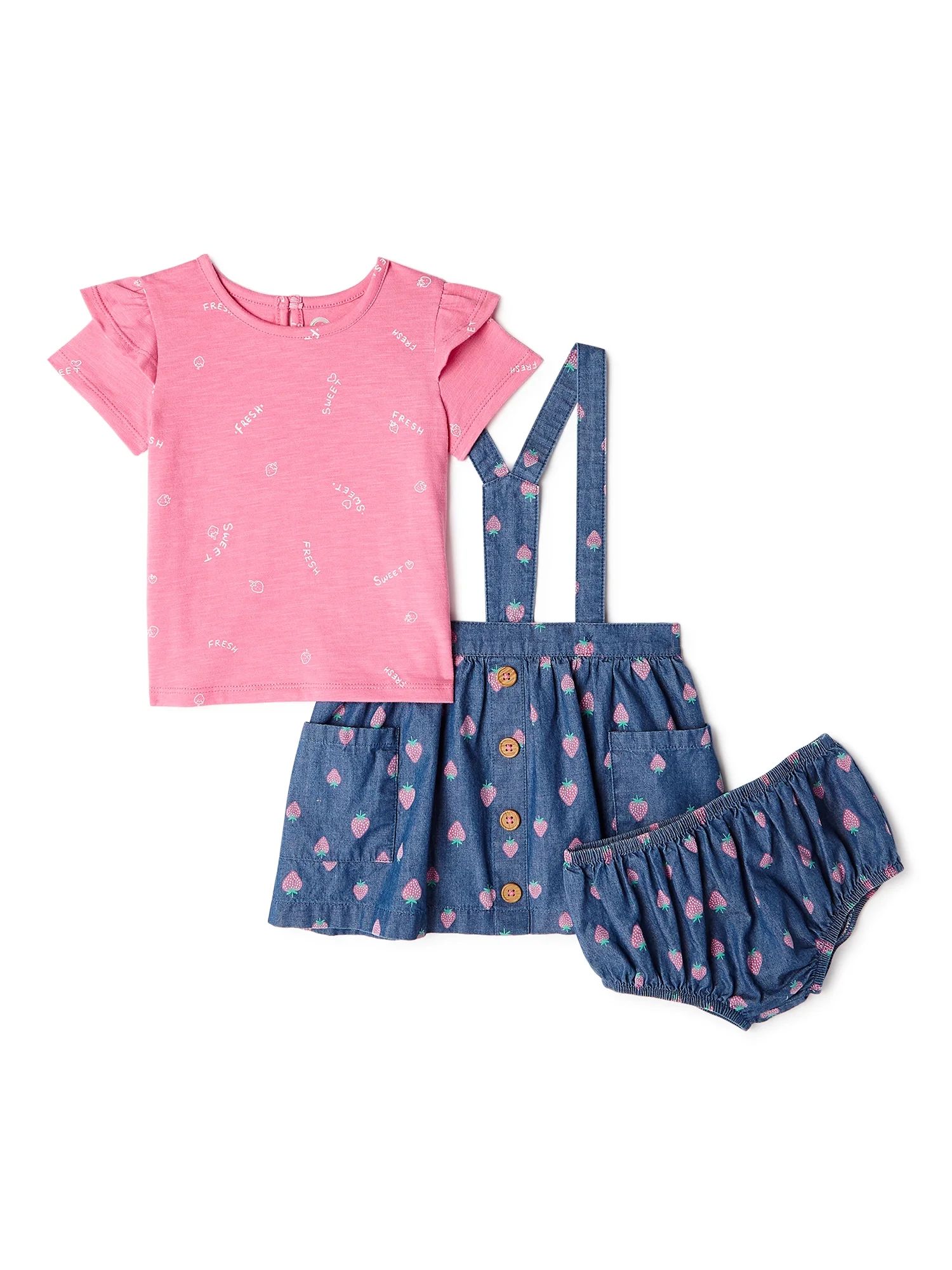 Wonder Nation Baby Girls Pinafore Dress & T-Shirt, 3-Piece Outfit Set | Walmart (US)