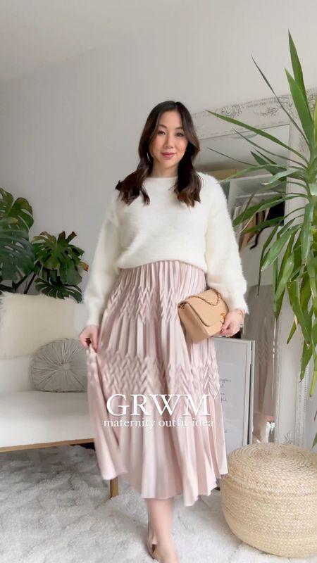 GRWM maternity outfit idea: Dressing my  bump at 28 weeks! This beautiful pleated skirt is a great option for pregnancy and styled with a knit sweater, is a great winter outfit! Shop this classy and chic look below! 

#LTKSeasonal #LTKbump #LTKworkwear