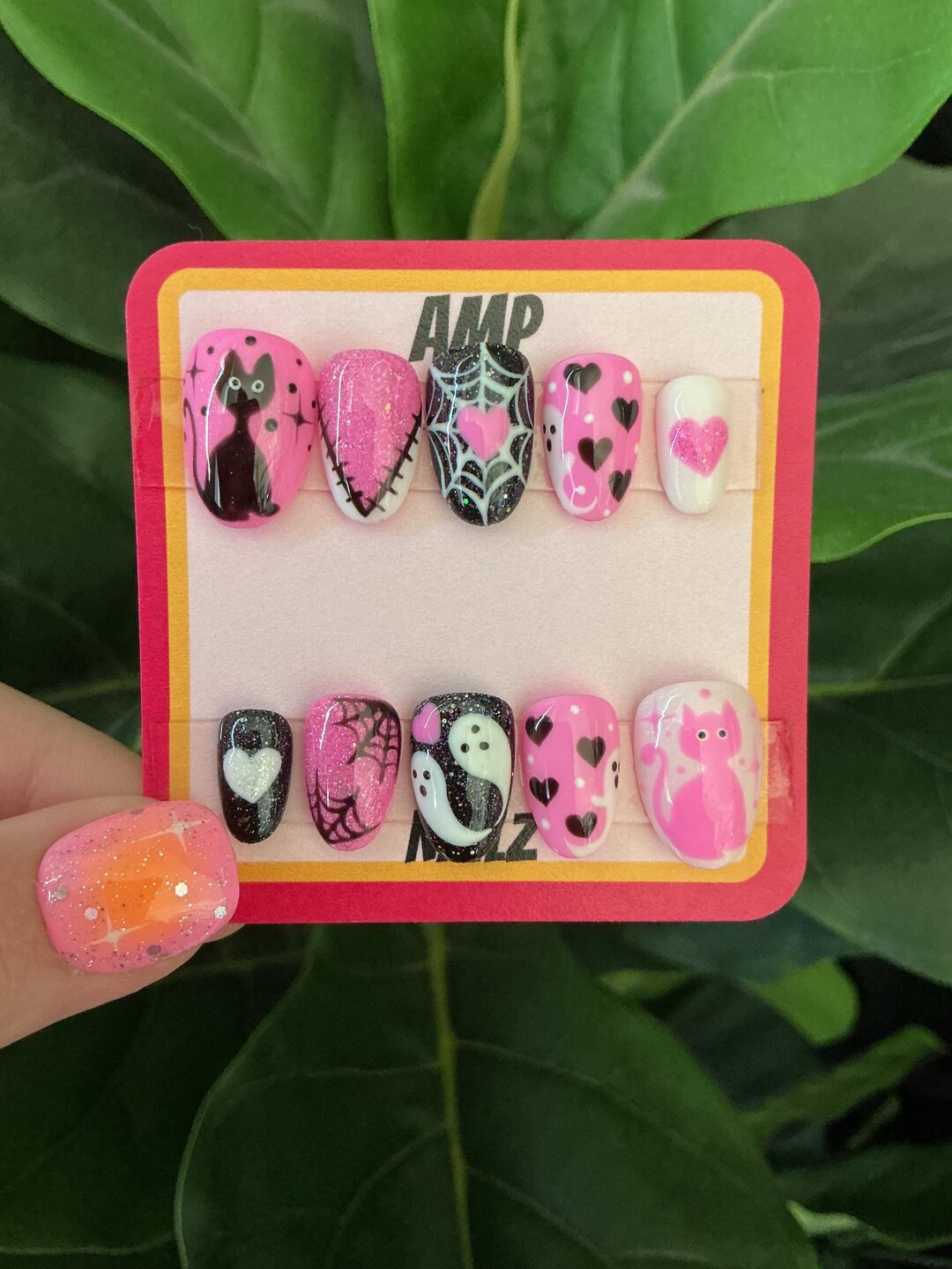 Hand Painted Halloween Ghost Pink and Black Press on Nail Set, Ghost Nails, Halloween Nails, Cust... | Etsy (US)