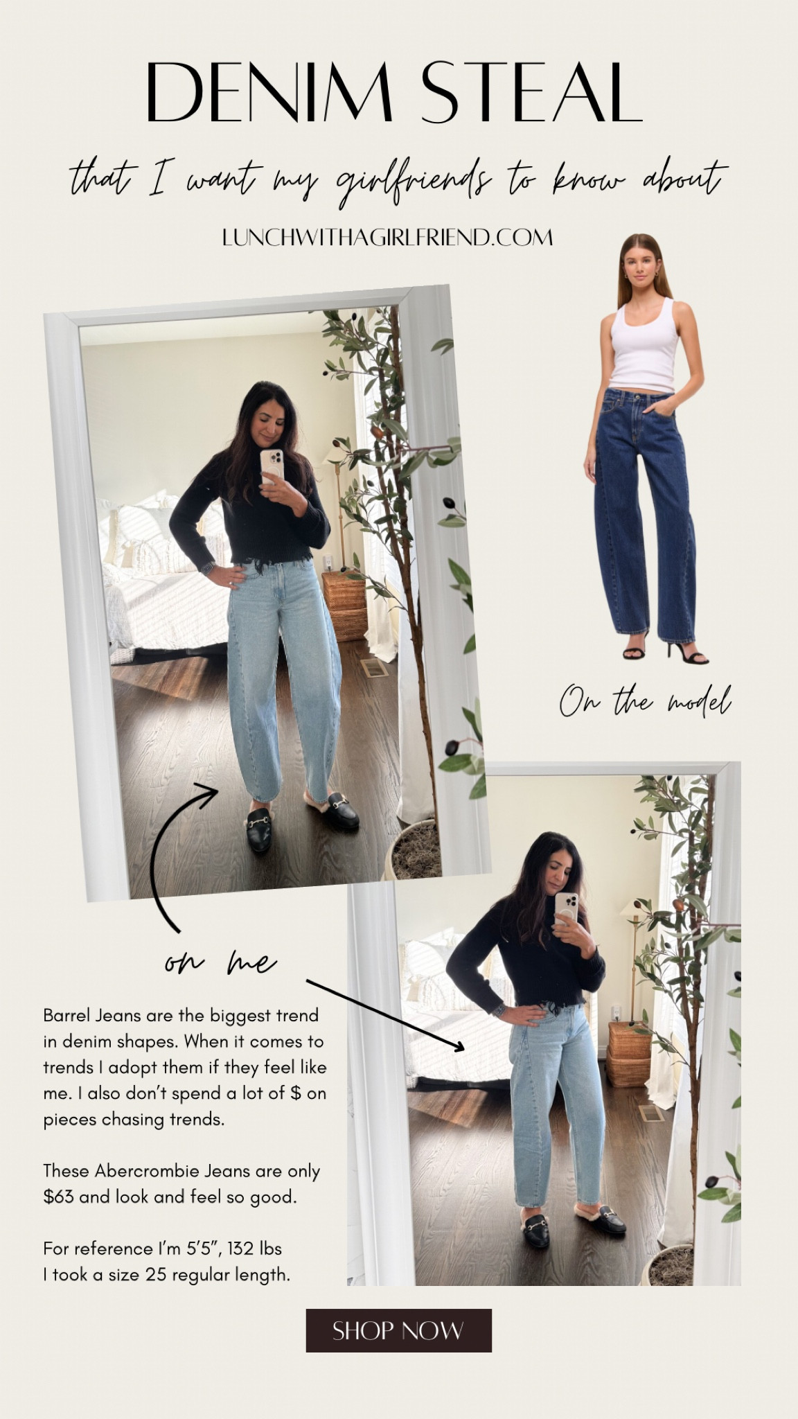 Barrel jeans are one of the biggest trends right now. I don’t adopt a trend unless it works on me. If it’s trendy I also recommend opting for a “steal” versus “splurge”. 

Size reference, I’m 5’5” 132 lbs, I’m wearing size 25 ankle length. A size 26 fit too for a looser fit.

Use code: DenimAF for discountt

#LTKStyleTip #LTKSaleAlert #LTKOver40