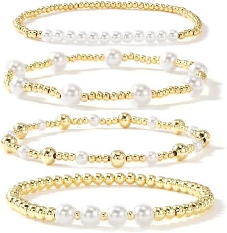 Trendy 14K Gold Plated Pearl Crystal Cross Beaded Paperclip Stack Bracelets Sets for Women,4Pcs S... | Amazon (US)