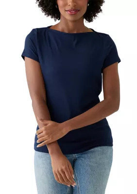 Crown & Ivy Women's Boat Neck Ribbed T-Shirt, Navy Blue, X-Large | Belk