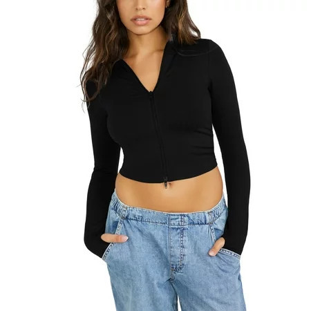 Caoirhny Women s Workout Crop Tops Long Sleeve Stand Collar Zip Up Yoga Running T-Shirts Active Tops | Walmart (US)