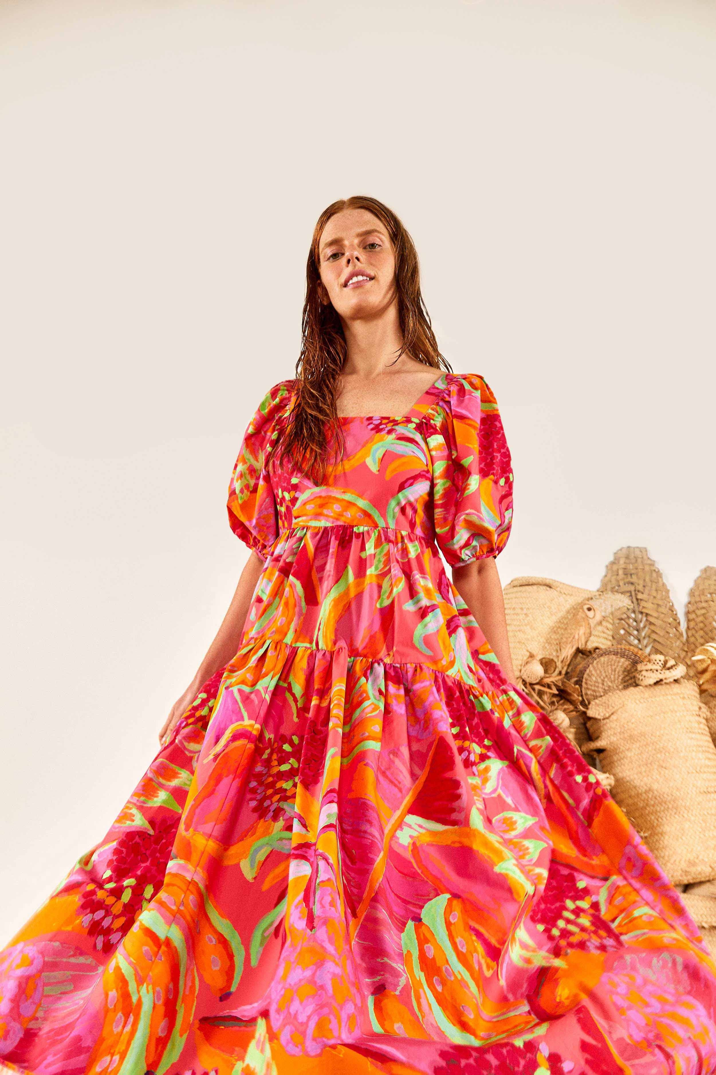 Fruit Brush Puff Sleeve Midi Dress | FarmRio (US)