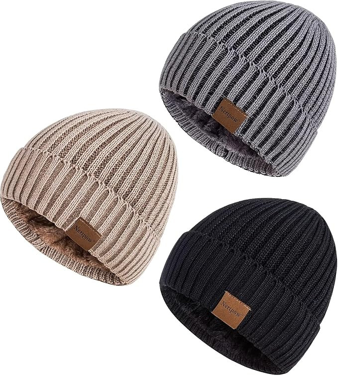 Nertpow Mens Beanie Hats 3 Pack, Winter Hats for Men Women Warm Thermal Fleece Lined, Thick Knit ... | Amazon (US)