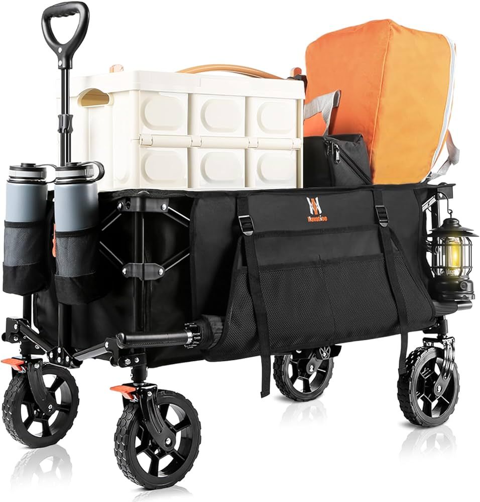 Collapsible Folding Wagon, Heavy Duty Utility Beach Wagon Cart with Side Pocket and Brakes, Large... | Amazon (US)