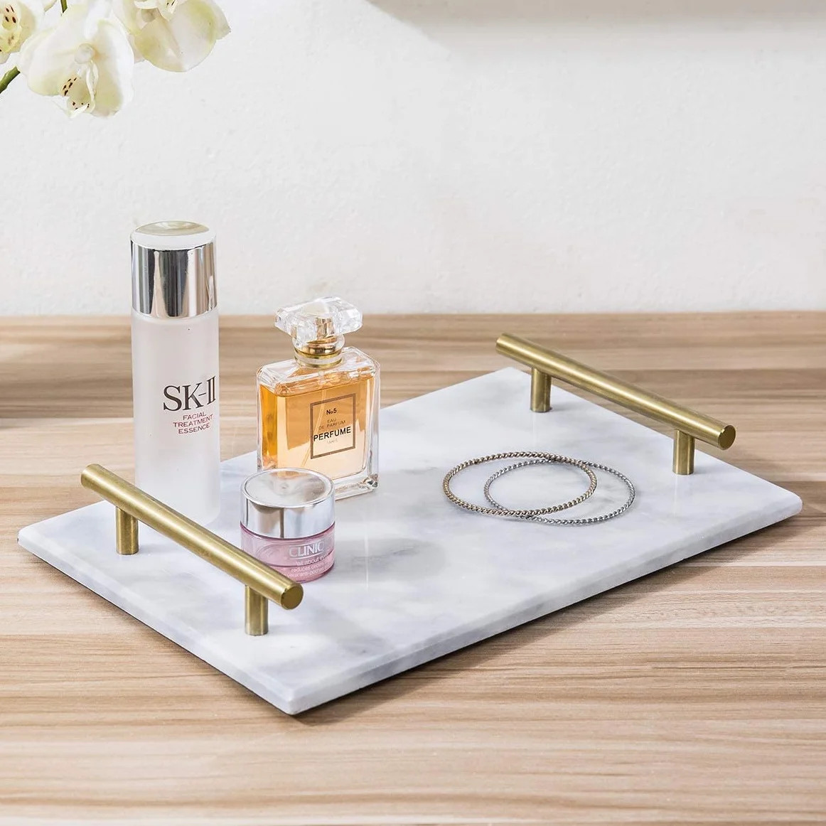 MyGift 12-Inch White Marble Stone Serving Tray/Jewerly Plate with Luxury Brass Metal Handles | Walmart (US)