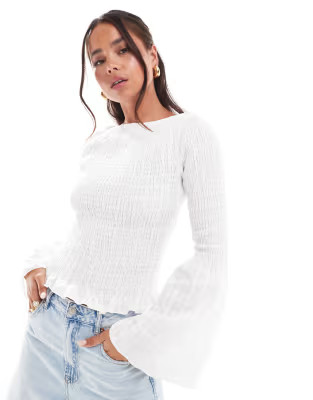 ASOS DESIGN shirred top with angel sleeves in white | ASOS (Global)