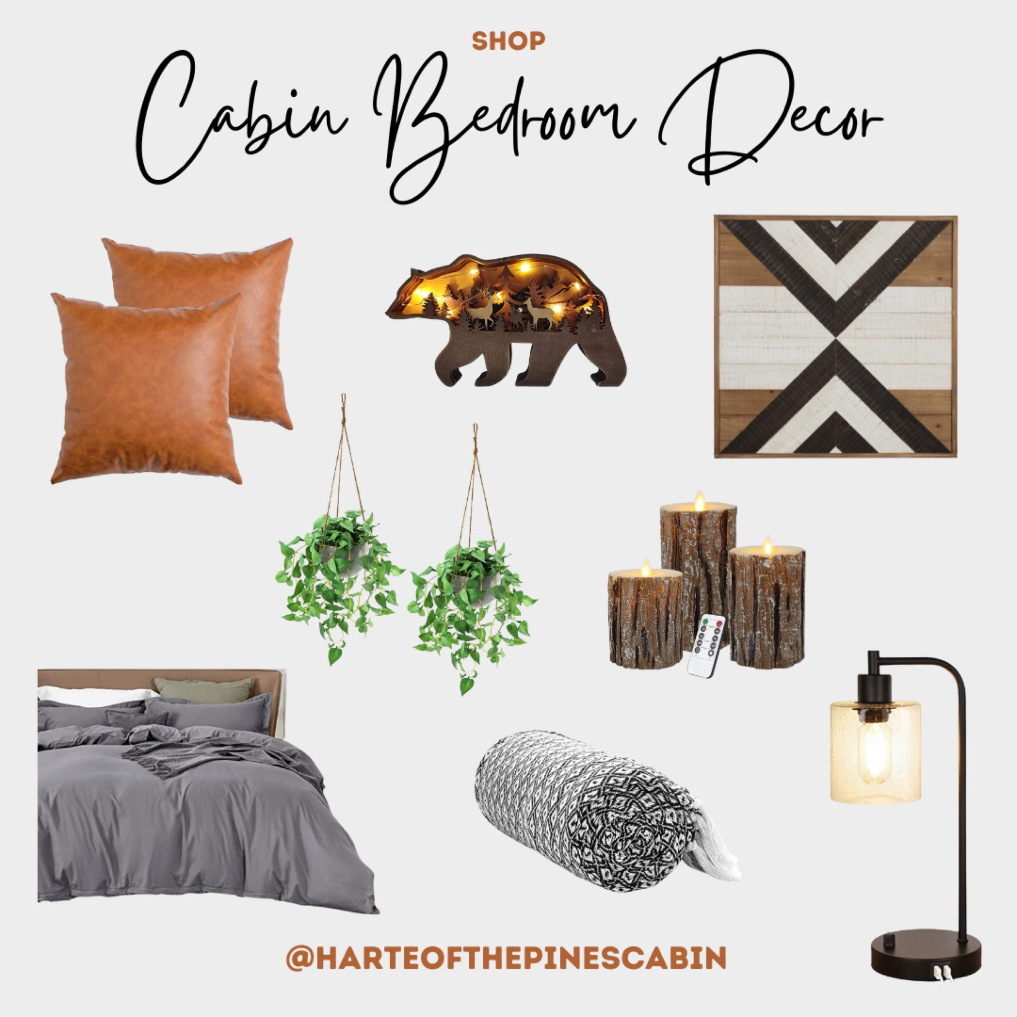 Shop affordable Cabin Bedroom Decor! This rustic yet modern style was created with “ski cabin” black diamond vibes in mind ⛷️🏔️ 

Vacation Rental must-haves: flameless candles, lamp with phone chargers, fake plants, duvet covers! 

Check out @harteofthepinescabin IG for more! 

#LTKhome #LTKSeasonal #LTKSale