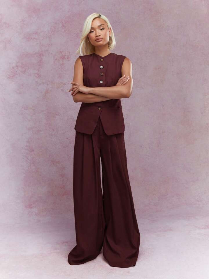MISSGUIDED Button Through Long Backless Vest And Pleated Wide Leg Pants Co-Ord Set | SHEIN