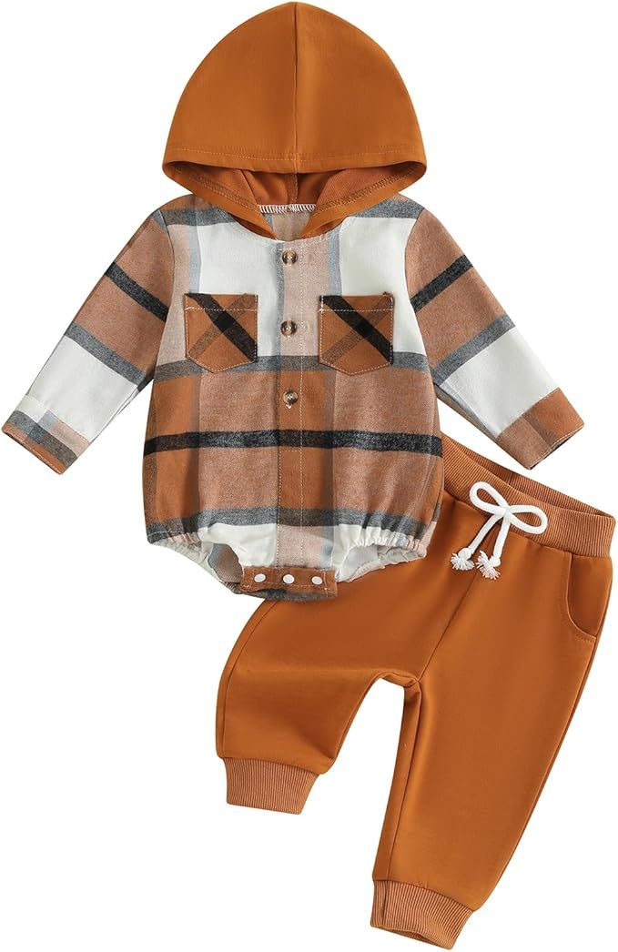 Douhoow Infant Baby Fall Clothes Boy Girl Plaid Hoodie Sweatshirt Romper Flannel Tops+ Sweatpants... | Amazon (US)