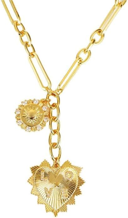OTEEGX Chunky Gold Necklace for Women Girls Trendy 18K Gold Sun Pendant Necklaces Heart Choker Ne... | Amazon (US)