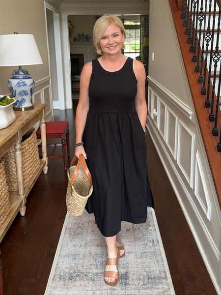 Perfect affordable dress for summer! So comfortable and dress it up or down with accessories. I'm wearing a Small. 

Summer dress
Summer outfit
Little black dress
Sandals
Woven tote bag
Petite
 

#LTKOver40 #LTKFindsUnder50 #LTKStyleTip