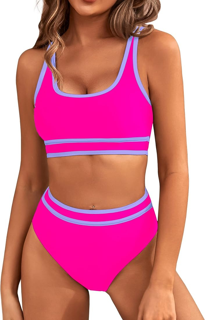 BMJL Women's High Waisted Bikini Sets Sporty Two Piece Swimsuits Color Block Cheeky High Cut Bath... | Amazon (US)