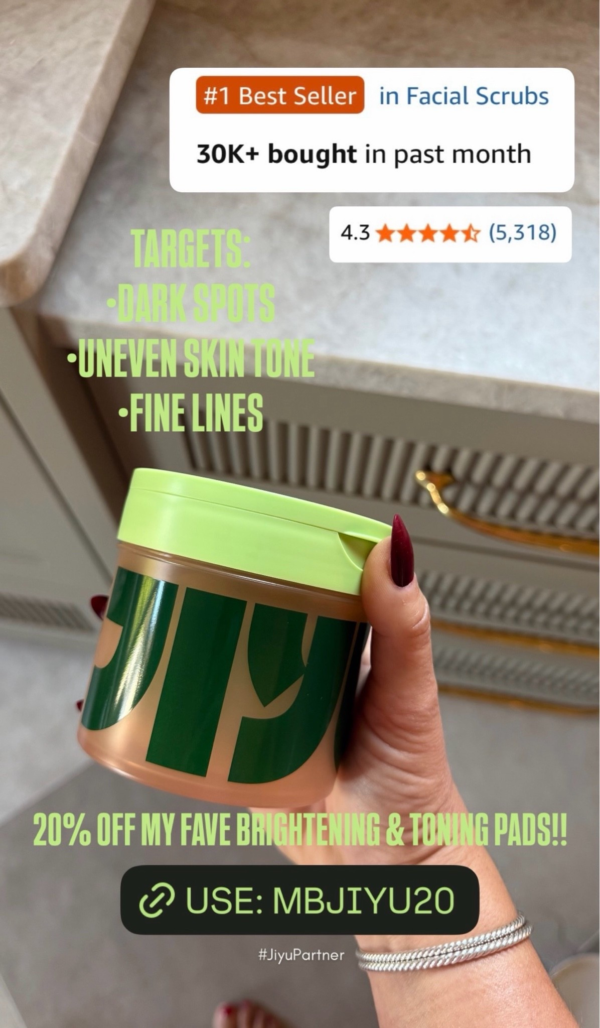 Save 20% on my favorite brightening and toning pads! 

Targets dark spots, uneven skin tone & fine lines 🙌🏼

Use code: MBJIYU20

#jiyupartner

#LTKSaleAlert #LTKBeauty #LTKdayinmylife