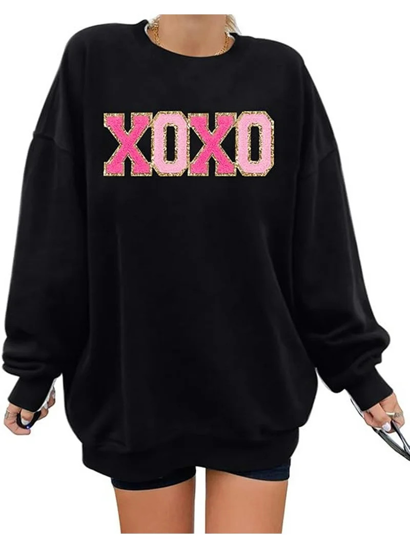 KimSoong Women Valentine's Day Sweatshirt Oversized XOXO Patch Love Heart Long Sleeve Tops Crew N... | Walmart (US)