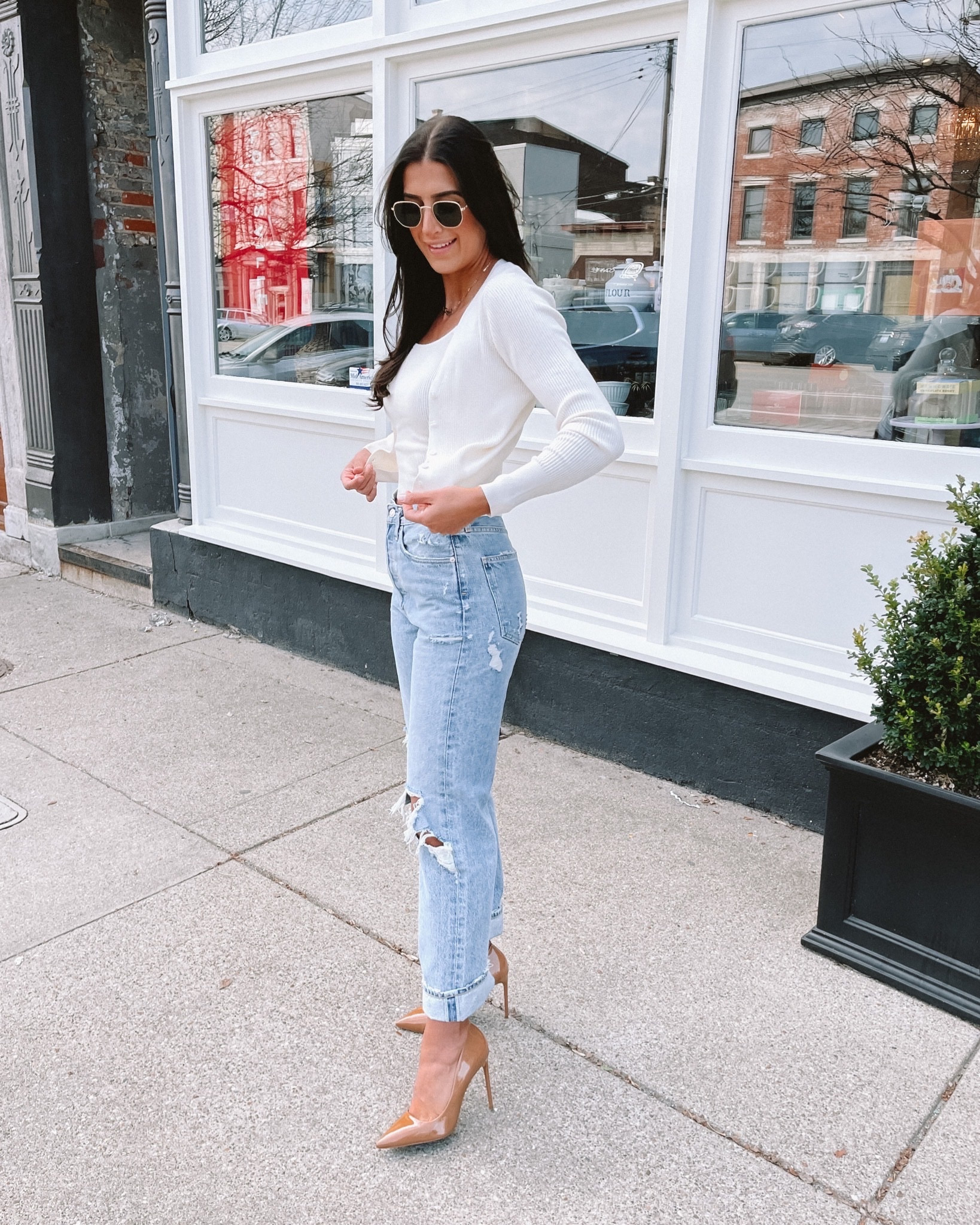 Chic spring - spring style - sweater weather - date night outfit - mom jeans outfit - winter to spring outfit - early spring looks - neutral style - chic jean stylings - Amazon top - Amazon the drop - agolde jeans - revolve jeans - Abercrombie jeans - spring shoes - nude heels - nude shoes

#LTKSeasonal #LTKstyletip