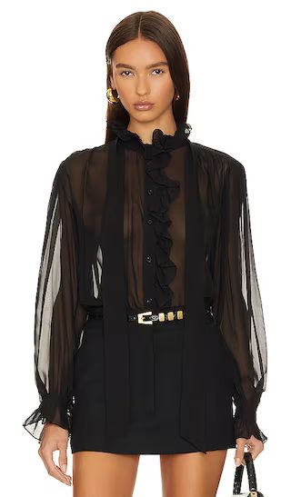 Ruffle Front Button Up Shirt in Noir | Revolve Clothing (Global)