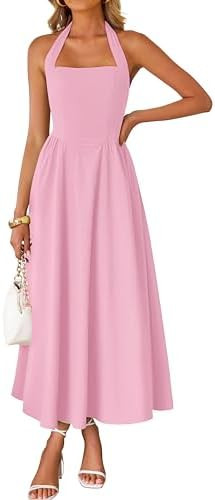 ZESICA Women's Summer Sleeveless Halter Midi Dress 2026 Off Shoulder High Waist Flowy Beach Weddi... | Amazon (US)