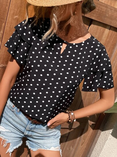 Polka Dot Print Keyhole Neckline Butterfly Sleeve Blouse | SHEIN