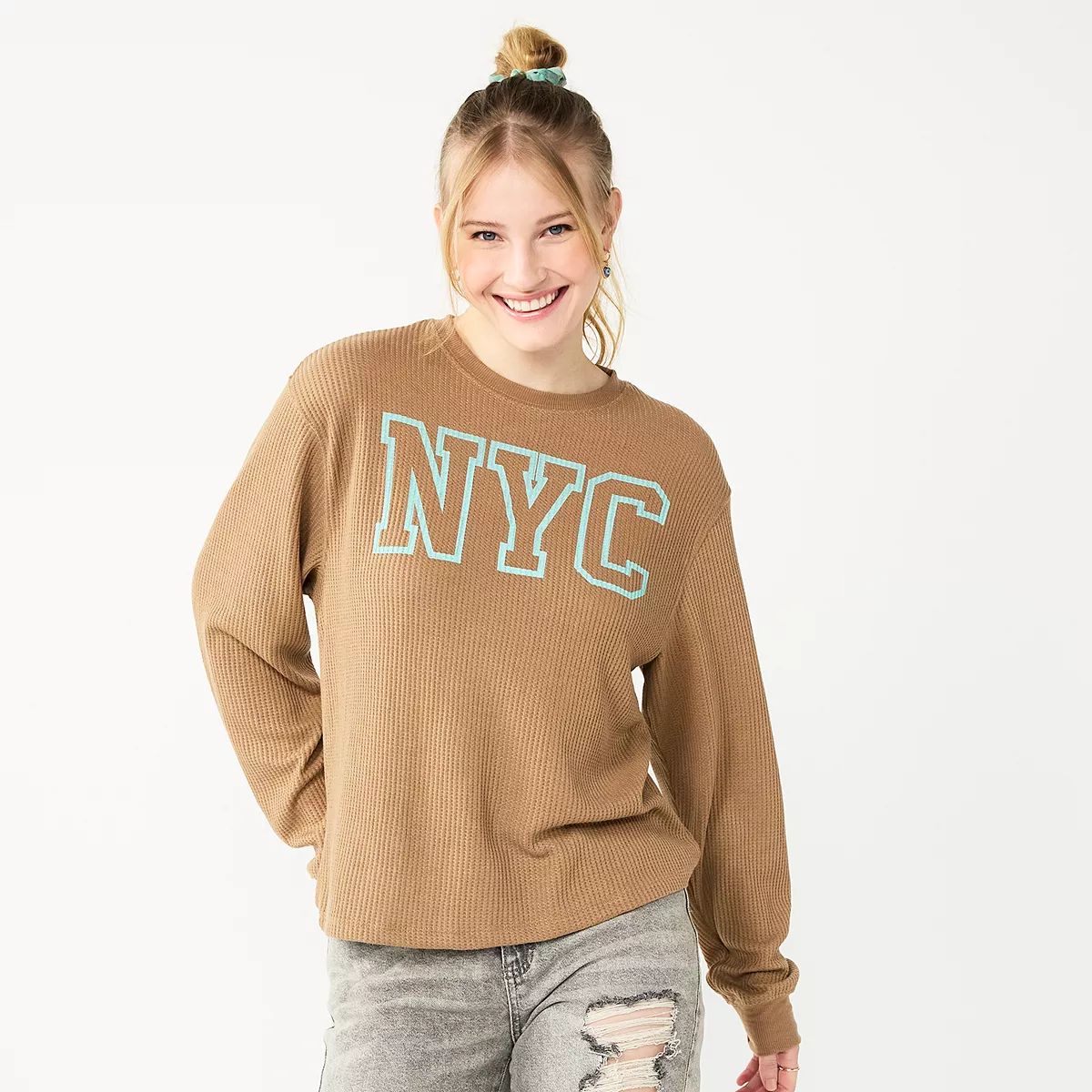 Juniors' Crewneck Waffle-Weave NYC Graphic Top | Kohl's