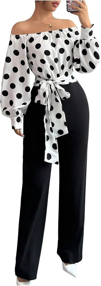 WDIRARA Women's Polka Dots Off Shoulder Bishop Long Sleeve Belted Jumpsuit | Amazon (US)