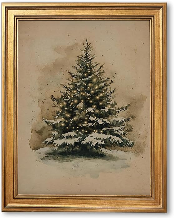 Gold Framed Vintage Christmas Tree Wall Art Decor Classic Holiday Canvas Print Poster Rustic Mood... | Amazon (US)