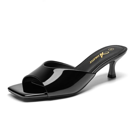 Athlefit Black Kitten Heels for Women Square Open Toe Low Heels 2 Inch Heeled Sandals Summer Dressy Slip On Slide Sandals Size 5.5 | Amazon (US)