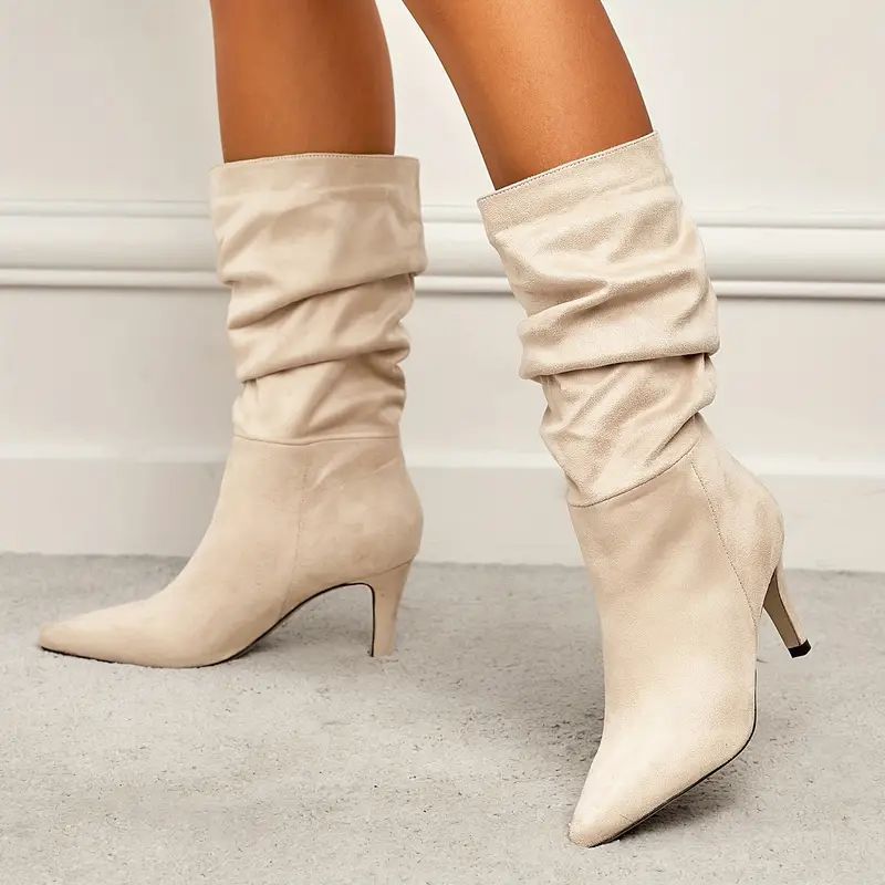 Women's Solid Color Stacked Boots Slip Casual Stiletto   - Temu | Temu Affiliate Program