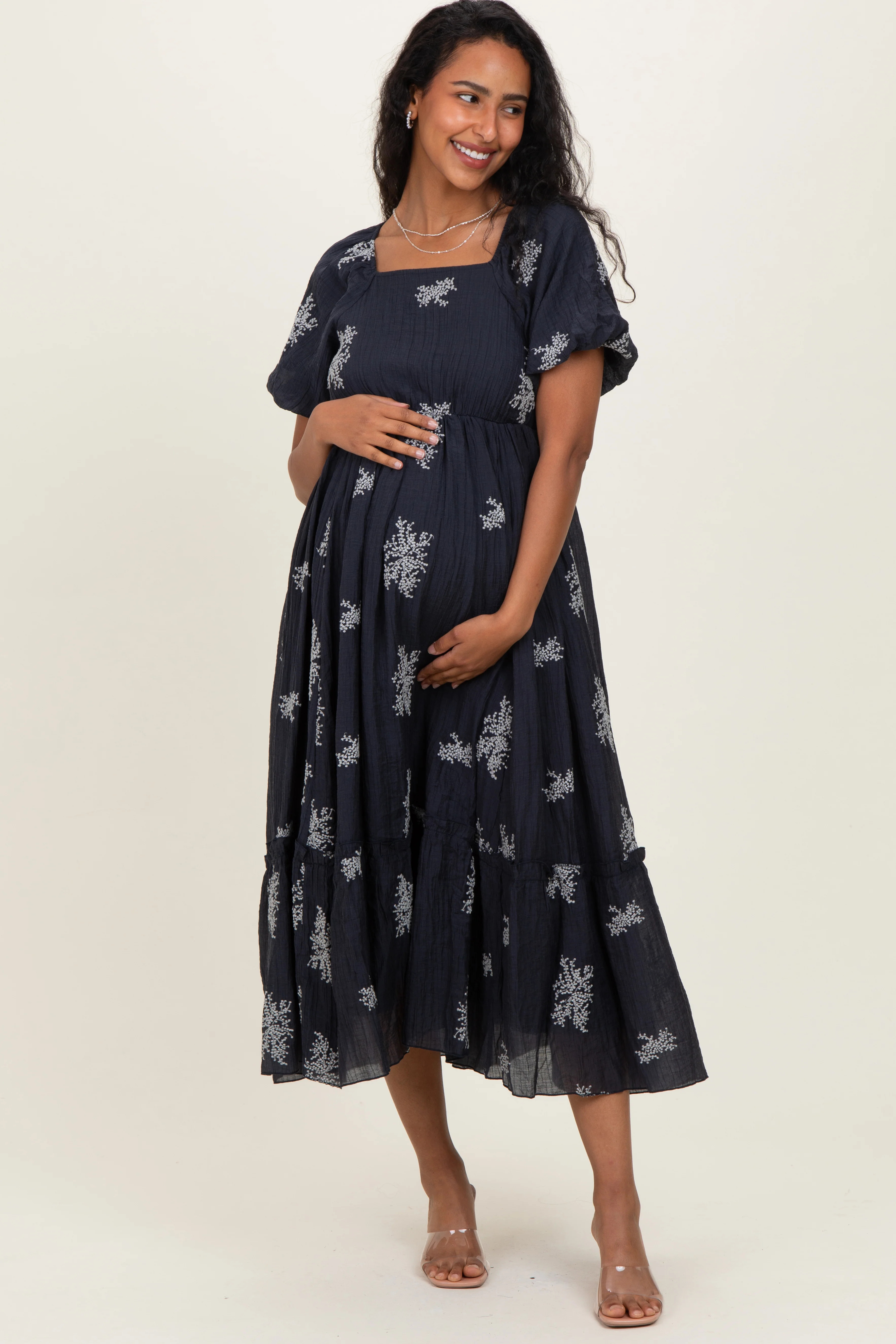 Navy Floral Embroidered Puff Sleeve Maternity Midi Dress | PinkBlush Maternity