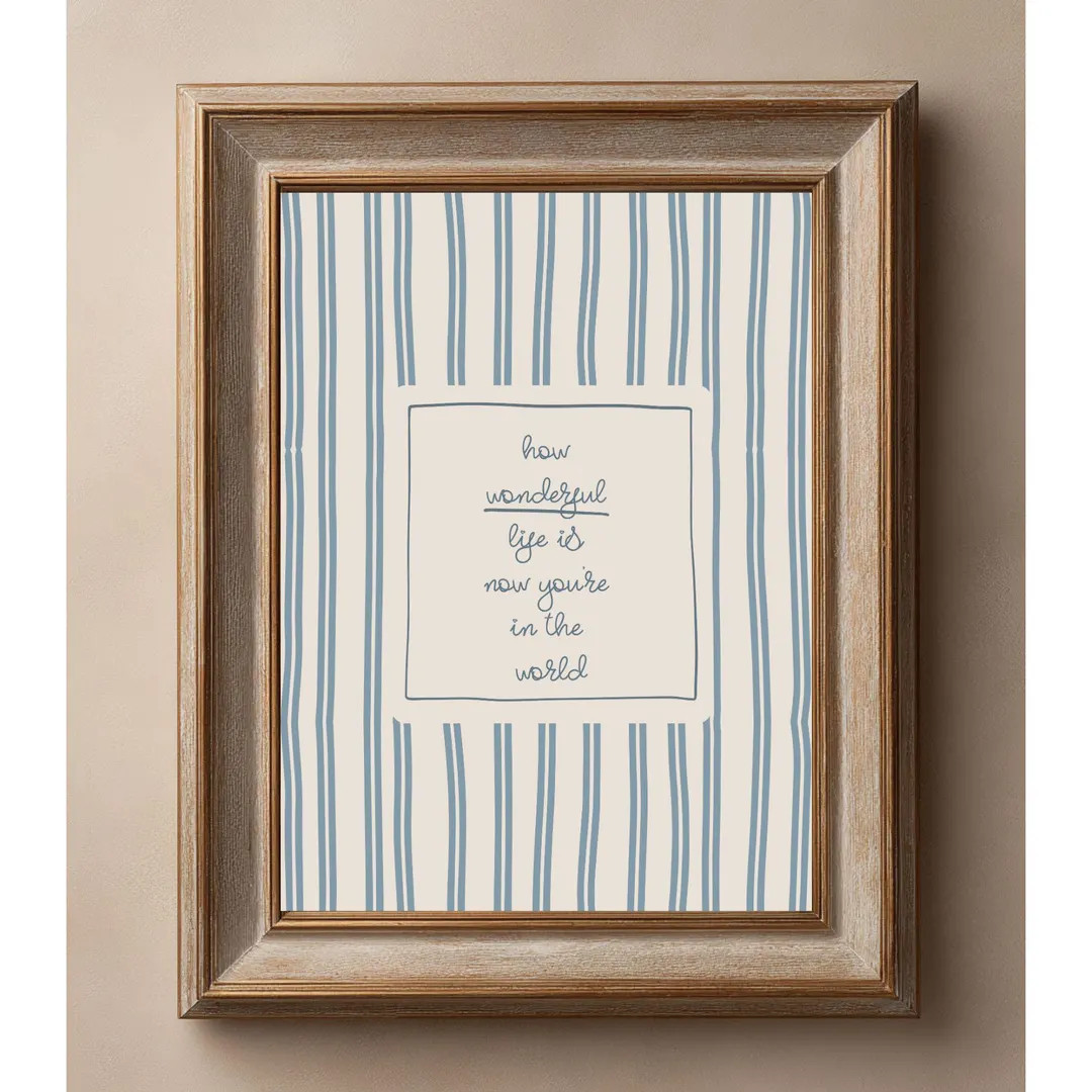 How Wonderful Life Is Nursery Quote Wall Art Print Baby Boy Wall Art Poster Blue and Ivory Stripe... | Etsy (US)